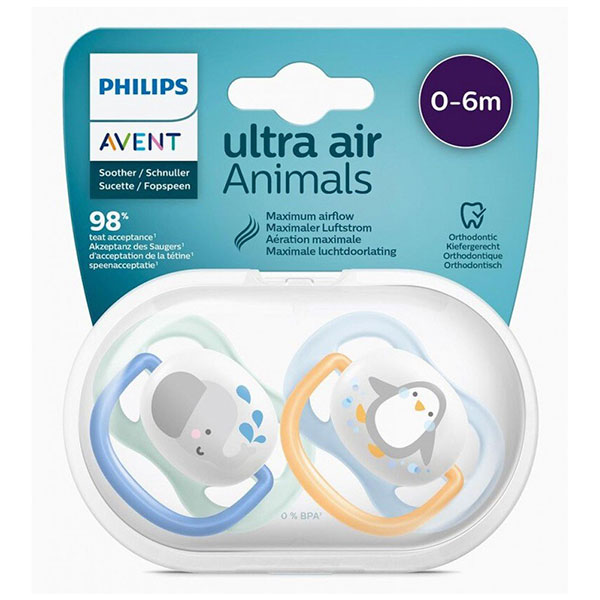 Philips Avent Пустышка Ultra Air Animals слон и пингвин 0-6 мес 2шт 3