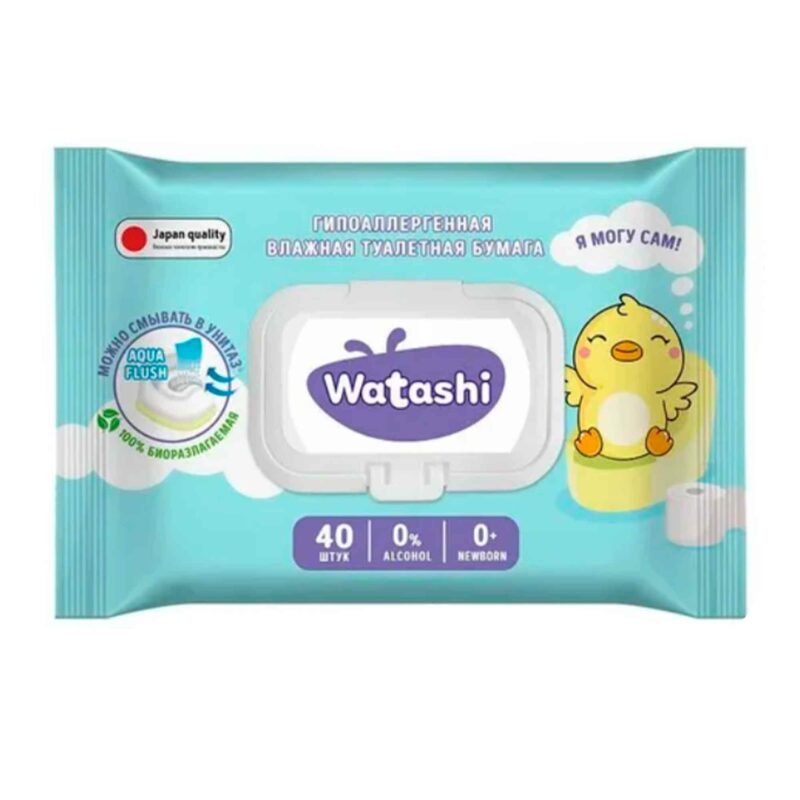 Влажная туалетная бумага смываемая для детей Watashi 40 шт с 0+ мес 1