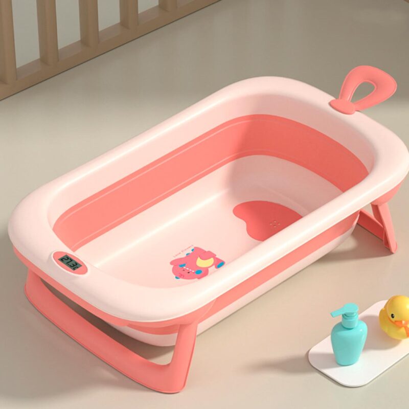 Складная детская ванночка с термометром динозаврик розовый 1
