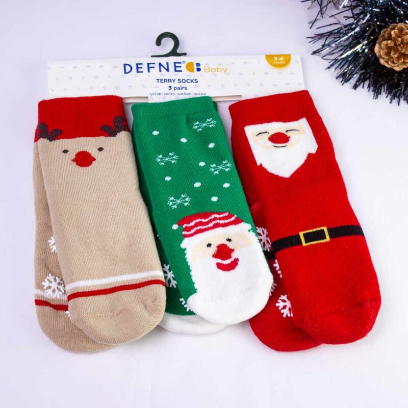 Набор новогодних махровых носков Defne Baby 3 пары Олень Снежинки Санта 1