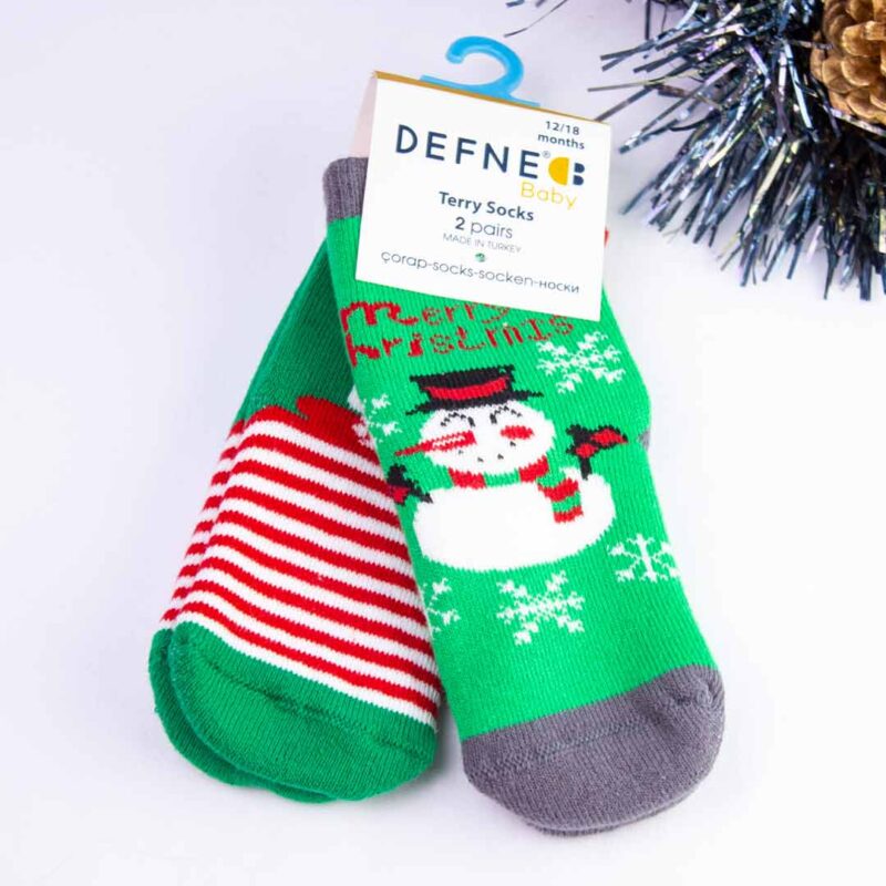 Набор новогодних махровых носков Defne Baby 2 пары Снеговик Полоски 1