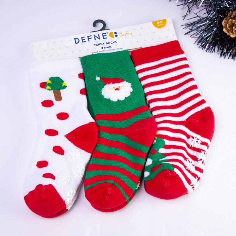 Набор новогодних махровых носков Defne Baby 3 пары В горошек Санта Елка 1