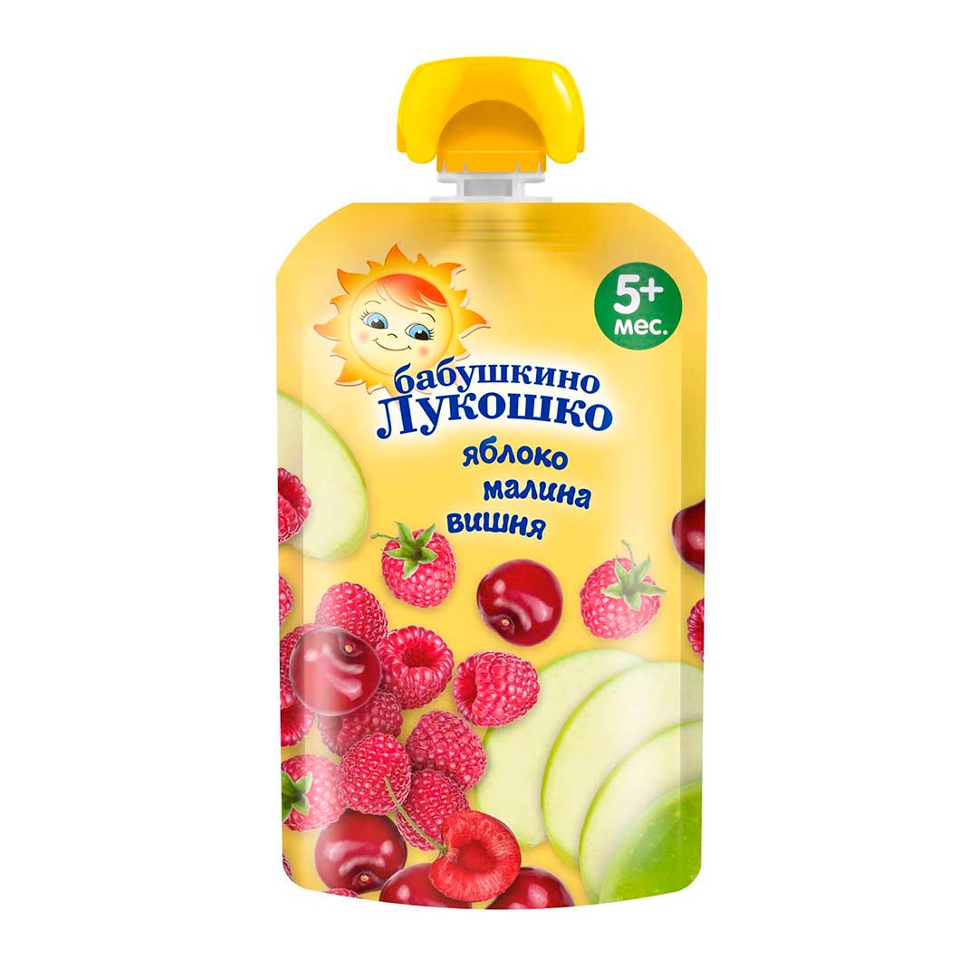 436a4108da81f9a56ffea69d0e2b3557_042924134140.jpeg Пюре Бабушкино лукошко яблоко-малина-вишня пауч 90г с 5мес+ 1