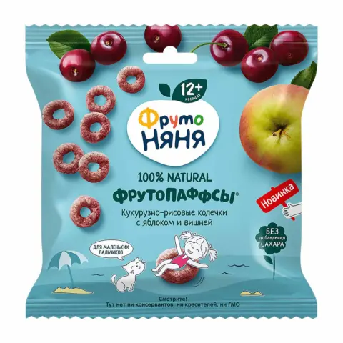 Фото ФрутоПаффсы ФрутоНяня кукурузно-рисовые колечки с яблоком и вишней 21 гр 12+ мес