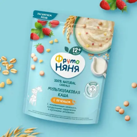 Фото Каша мультизлаковая ФрутоНяня молочная с земляничным печеньем кукурузными сердечками и кусочками земляники 200 гр с 12+ мес