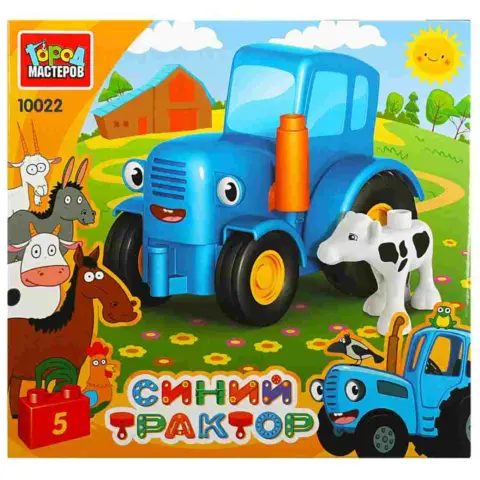 Фото Конструктор большие кубики: СИНИЙ ТРАКТОР с коровой Город мастеров 5 деталей