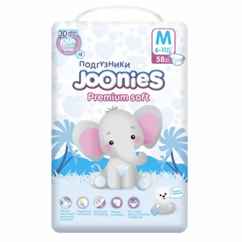 Фото Подгузники Joonies Premium soft M (6-11 кг) 58 шт