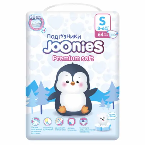 Фото Подгузники Joonies Premium soft S (3-6 кг) 64 шт