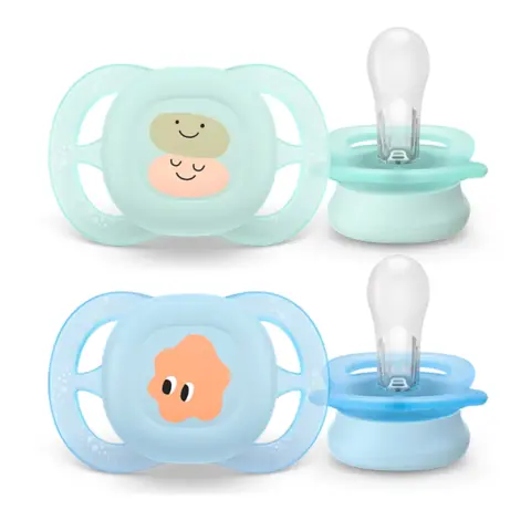 Фото Пустышка Philips Avent Ultrastart Смайлики Клякса Ментоловый, голубой0-2 мес 2 шт