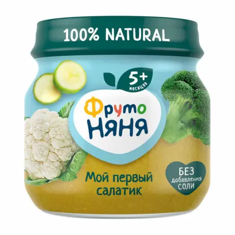 Фото Пюре ФрутоНяня из капусты, брокколи, кабачков и цветной капусты "мой первый салатик" 5+ мес