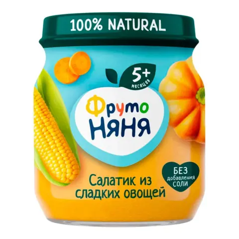 Фото Пюре ФрутоНяня из кукурузы, тыквы и моркови "салатик из сладких овощей" 110 гр 5+ мес