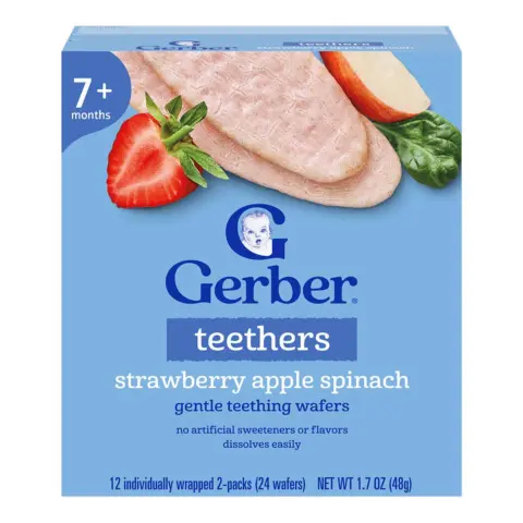 Фото Вафли Gerber Teethers для мягкого прорезывания клубника яблоко шпинат 7+ мес 48 гр