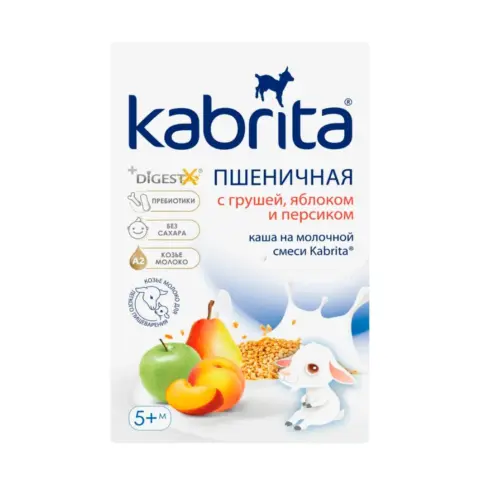 Фото Пшеничная каша Kabrita на молочной смеси с грушей, яблоком и персиком 180 гр 5+ мес