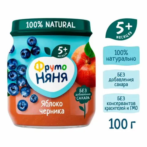 Фото Пюре ФрутоНяня яблоко и черника 100 гр с 5+ мес